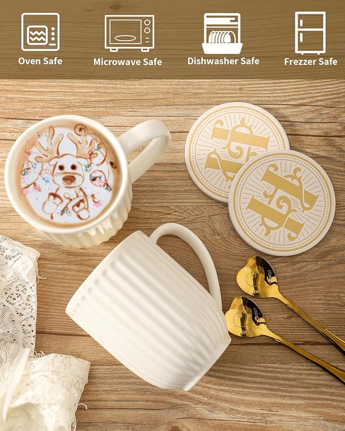 HASENSE Coffee Mugs Set of 2, 20 oz White Ceramic Coffee Cups Gift for Men and Women, Premium Large Latte Mugs with Handle, Modern Ribbed Design Tea Cups Come with Coaster & Gold Spoon Gift Box