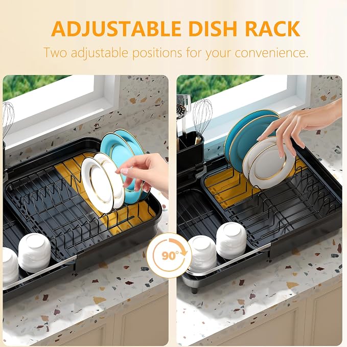 Expandable Dish Drying Rack，Dish Rack for Kitchen Counter-Dish Drainer with Efficient Drainage, Drainboard Set, and Utensil Holder, Over the Sink Dish Drainer Drying Rack