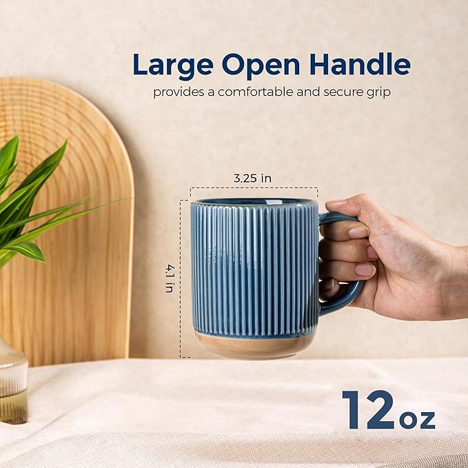 GBhome Stoneware Coffee Mugs Set of 4, 12oz Handmade Ceramic Coffee Mugs Set with Large Handle for Cappuccino/Latte/Tea/Hot Cocoa, Dishwasher & Microwave Safe, Moonlight Blue