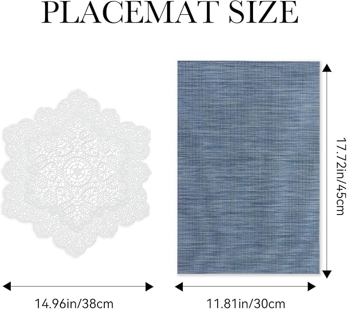 BACKTOEDEN Placemats Set of 4 Heat Resistant Washable Wipeable Placemat Woven Non-Slip Foldable Vinyl/Plastic Place Mats Indoor/Outdoor Mat Kitchen Dining Table Pad, White Snowflake & Blue