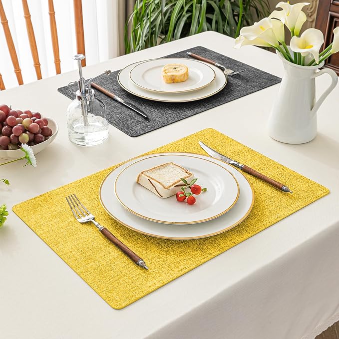 Romanstile Vinyl Placemats Set of 8, Reversible Faux Leather Heat Resistant Wipeable Table Mats, Waterproof Washable Non-Slip Table Placemats for Dining/Kitchen/Party/Outdoor (Grey Yellow, 12" x 17")
