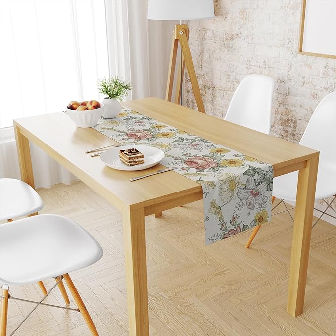 Snycler 13x108 Inch Table Runner Wildflowers Floral Spring Table Runner, Seasonal Summer Daisy Kitchen Dining Table Luxury White Linen Decoration for Home Party