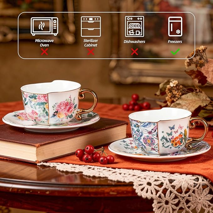 KAMMAK Tea Cups and Saucers Set of 2, Fine Bone China Coffee Cups, 8.45-Ounce Stackable Espresso Mugs, Ceramic Demitasse for Coffee, Cappuccino, Latte, Americano, Tea, Peony + Parrot