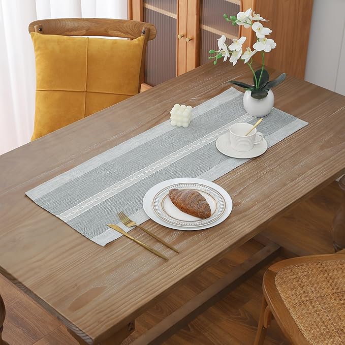 Gernaice Boho Table Runner, Rustic Cotton Linen Farmhouse Table Runners for Dresser End Coffee Table Home Decor, 24" L X 13" W Grey