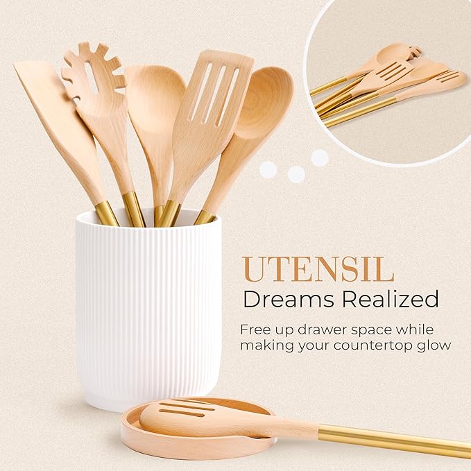 STYLED SETTINGS White Ceramic Utensil Holder with Built-In Wooden Spoon Rest –2PC Set for Kitchen Countertop Organization – Ceramic Utensil Crock & Wood Spoon Rest for Clean, Stylish Cooking