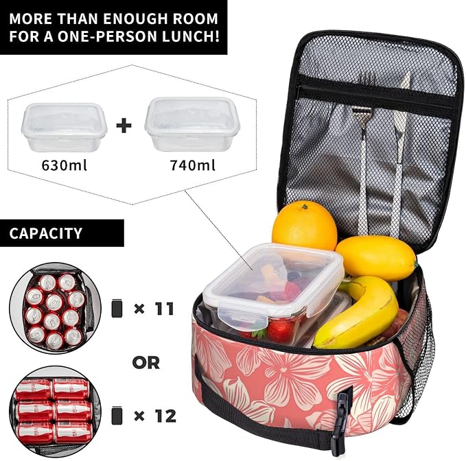 Pink Floral Lunch Box for Adults Women Girls Boys Kids Flower Lunch Box Insulated Cooler Reusable Lunch Bag Container Gifts for Work Office Picnic Travel School