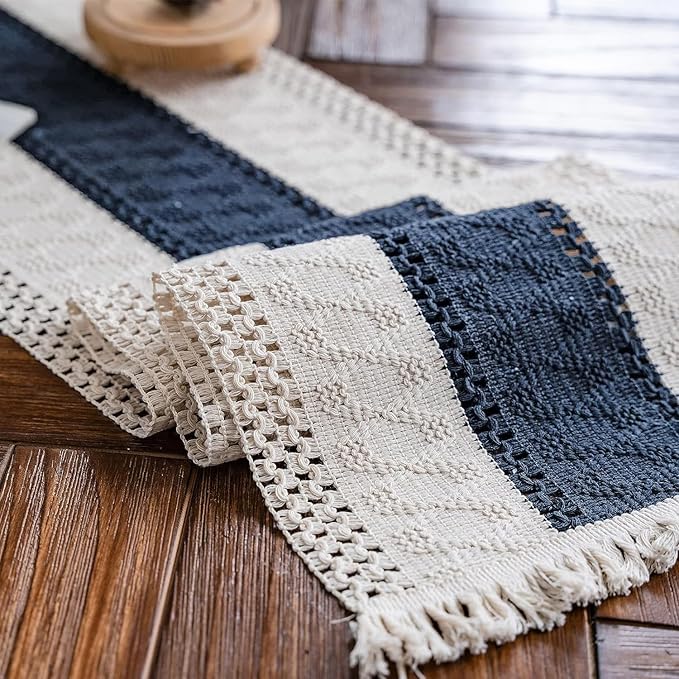 Macrame Table Runner Cream Beige and Blue Boho Table Runners with Tassels Hand Woven Cotton Table Runner Rustic Farmhouse Table Runners for Bohemian Kitchen Dining Table(12x48in)