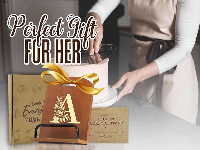 INNObeta Cookbook Stand for Kitchen Counter, Adjustable Tablet Recipe Book Holder, Perfect Gifts for Women, Mom, Grandma on Birthday, Unique Kitchen Decor, Initial A