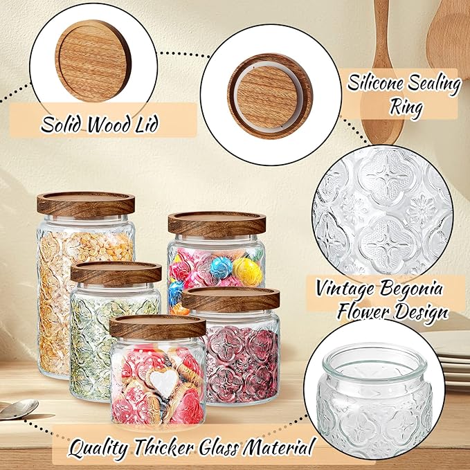 Gerrii 5 Pcs Vintage Glass Food Storage Containers 17/24/34 oz Glass Jar with Lid Airtight Candy Food Canisters for Kitchen Counter Pantry Coffee Beans(Clear,Begonia Round)