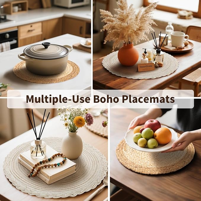 Handmade Round Boho Placemats Set of 4 | Natural Woven & Polyester Braided Combo Table Mats | 8-Piece Versatile Place Mats | Simple Rustic Farmhouse Style Dining Table Decor