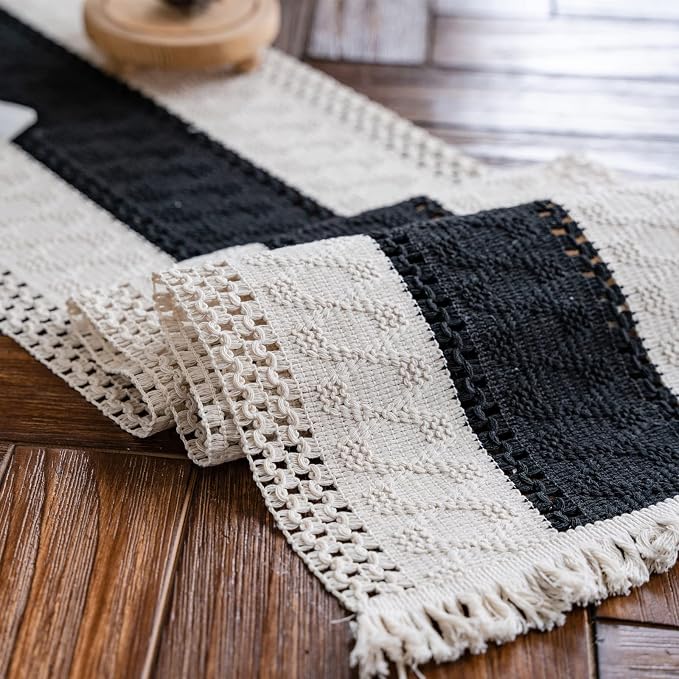 Macrame Table Runner Cream Beige and Black Boho Table Runners with Tassels Hand Woven Cotton Table Runner Rustic Farmhouse Table Runners for Bohemian Kitchen Dining Table(12x48in)