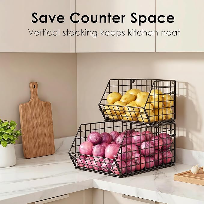 2-Tier Stackable Wire Baskets for Counter, Potato and Onion Storage Bin, Fruit and Vegetable Storage Bins with Ventilated Mesh，Kitchen Pantry Organizer - Wall Basket for Produce/Snack/Can, Black