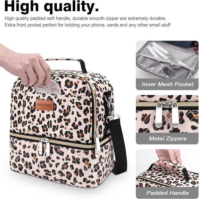 BALORAY Lunch Bag for Women Men Insulated Lunch Box for Adult Reusable Lunch Tote Bag for Work, Picnic or Travel (Khaki Leopard with Strap,L)