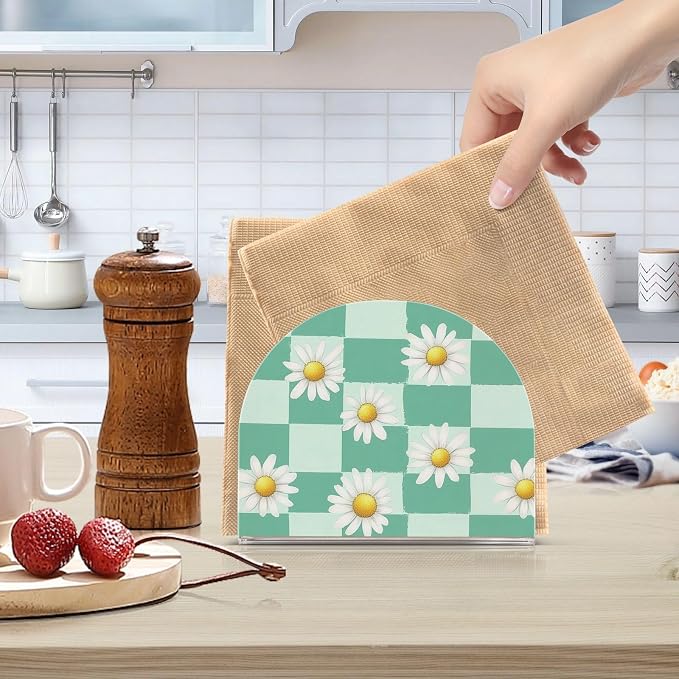 Fustylead Mint Green Checkered Daisy Flower Napkin Holder for Table Acrylic Vertical Napkin Holders for Paper Napkins Decor Napkin Dispenser for Home Party Dining Cocktail Kitchen Accessories