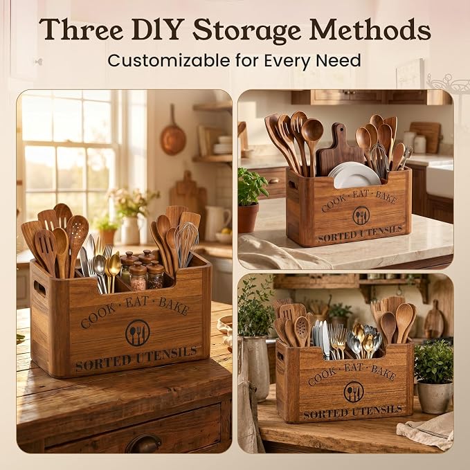 Upgraded Acacia Wood Kitchen Utensil Holder, Large Farmhouse Countertop 4-Compartment Wooden Cooking Utensil Holder for Counter, Island & Dining Room