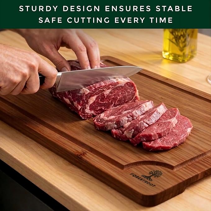Bamboo Cutting Board Set – 3-Piece Wooden Kitchen Boards for Meal Prep & Serving – Durable Bamboo with Deep Juice Groove & Side Handles – Great for Meat, Vegetables & Charcuterie (Brown)