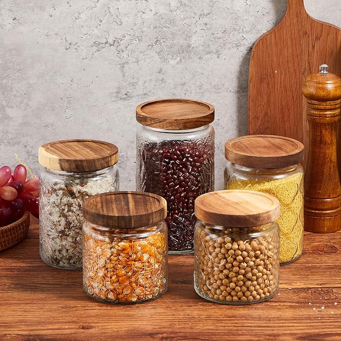 Gerrii 5 Pcs Vintage Glass Food Storage Containers 17/24/34 oz Glass Jar with Lid Airtight Candy Food Canisters for Kitchen Counter Pantry Coffee Beans(Clear,Begonia，sunflower ，window Grilles Round)