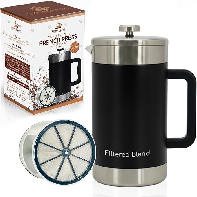 1.6L French Press Coffee Maker, 54oz Large Capacity French Press Stainless Steel Brewer with Double Filter Mesh for Kitchen Travel Camping, Hot & Cold Brew Coffee Maker Gifts (Black)