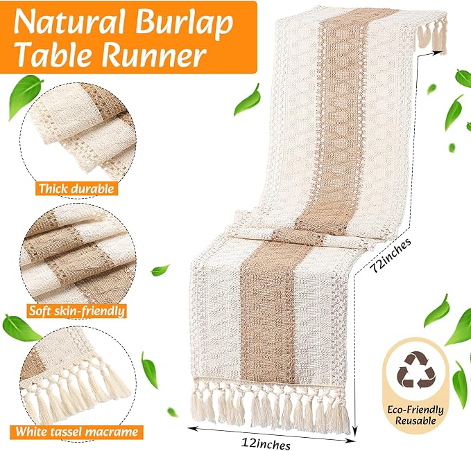 Boho Placemats 4/6/8 Set of Round Woven Placemat Macrame Style Bicolor Stitching Long Table Runner Farmhouse Rustic Natural Burlap Cotton for Kitchen Dining Table(6 Sets,Brown,12x72)