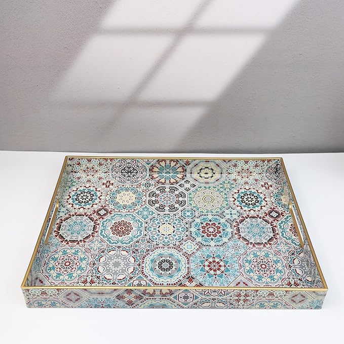 Spsyrine Decorative Serving Tray with Handles, Lacquered Coffee Table Tray for Ottoman, Rectangular Waterproof Platters for Centerpieces, Parties, Living Room, Kitchen Counter Organization SP3040RE2