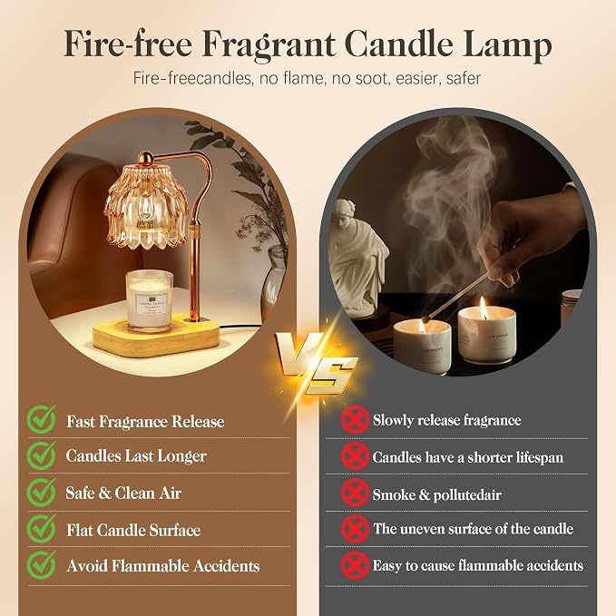 Candle Warmer Lamp with Timer Dimmer, Modern Wax Warmer for Scented Wax Jar Candle Warmer with 2 Bulbs, Adjustable Height Glass Lamp for Gifts for Women, Home Decor, Gold Amber