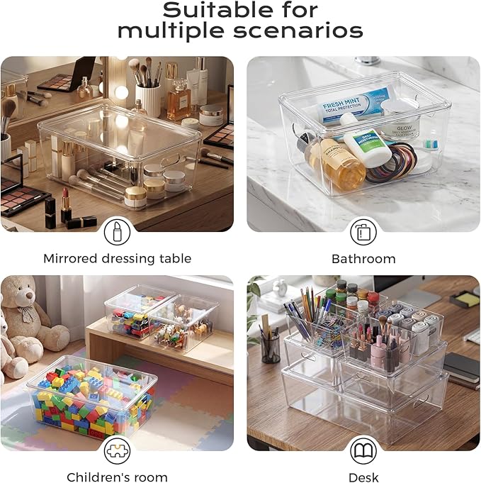 7 Pack White Storage Bins, Storage Bins with Lids, PET Plastic Pantry Organizers and Storage, Stackable Storage Bins for Kitchen, Bathroom, Closet, Office (Clear)