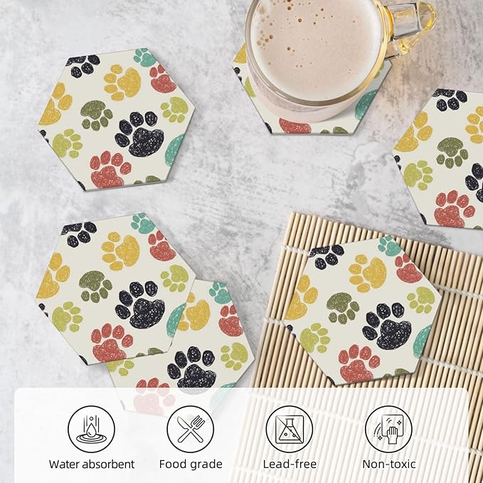 Cute Funny Dog Paw Print Hexagon Drinks Coasters Absorbent Stone with Holder Set of 6, Colorful Animal Beige Kids Cat Claw Footprint Ceramic Coaster for Coffee Table Protection (Hexagonal)