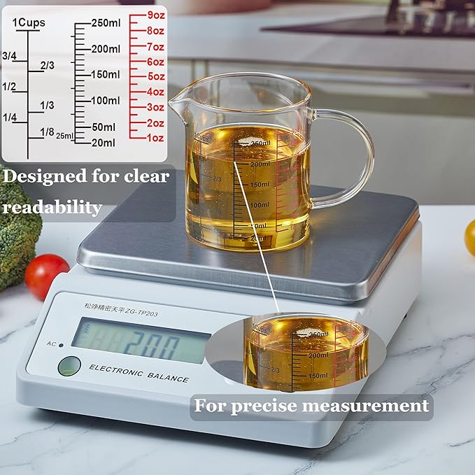 Ackers BORO3.3 Glass Measuring Cup-[Insulated handle | V-Shaped Spout]-Made of High Borosilicate Glass Measuring Cup for Kitchen or Restaurant, Easy to Read, 250 ML (8 Oz, 1 Cup)