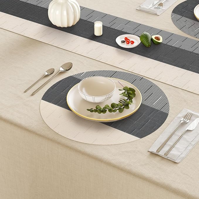 Round Placemats Set of 4, 15 Inch Woven Vinyl Heat Resistant Place Mats, Washable Non Slip PVC Table Mats for Kitchen Dining Party Outdoor Table Decor (Beige Black, 4)