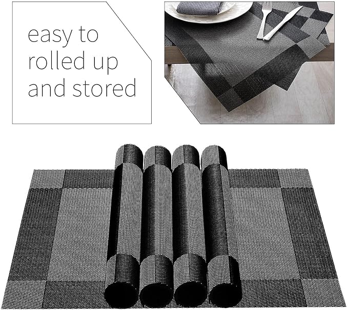 AHHFSMEI Placemats Set of 6 Washable Woven Vinyl Placemats for Dining Table Heat Resistant Non-Slip Stain Resistant Table Mats for Kitchen & Home Decor(Black Corner,6)