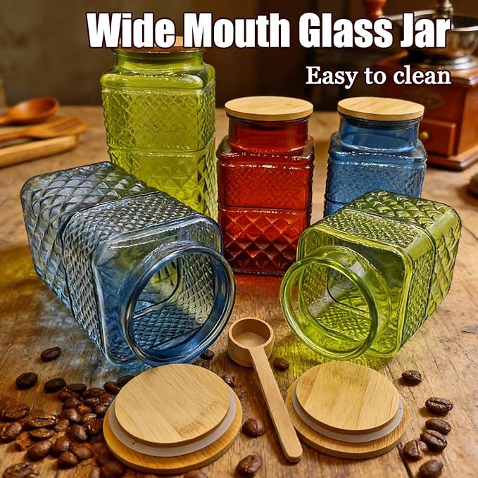 Coriario 1 Gallon Vintage Glass Jar with Lid Wood Spoon Green Square Decorative Glass Storage Jars Wide Mouth Canisters for Food Candy Flour Sugar Cookie Coffee Nuts