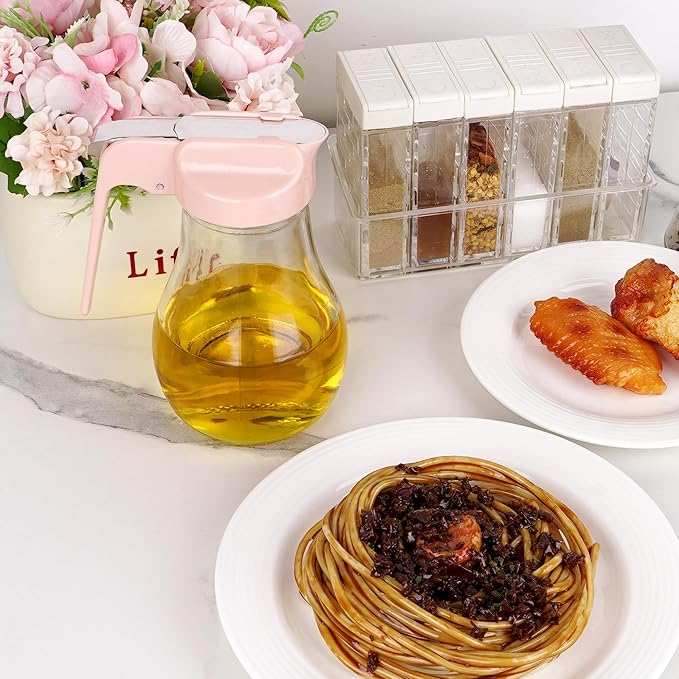 13.5oz Glass Syrup Dispenser with No-Drip Stainless Steel Spout - Honey Jar, Maple Syrup Pourer & Oil Cruet - Pink Kitchen Container for Pancakes & Waffles