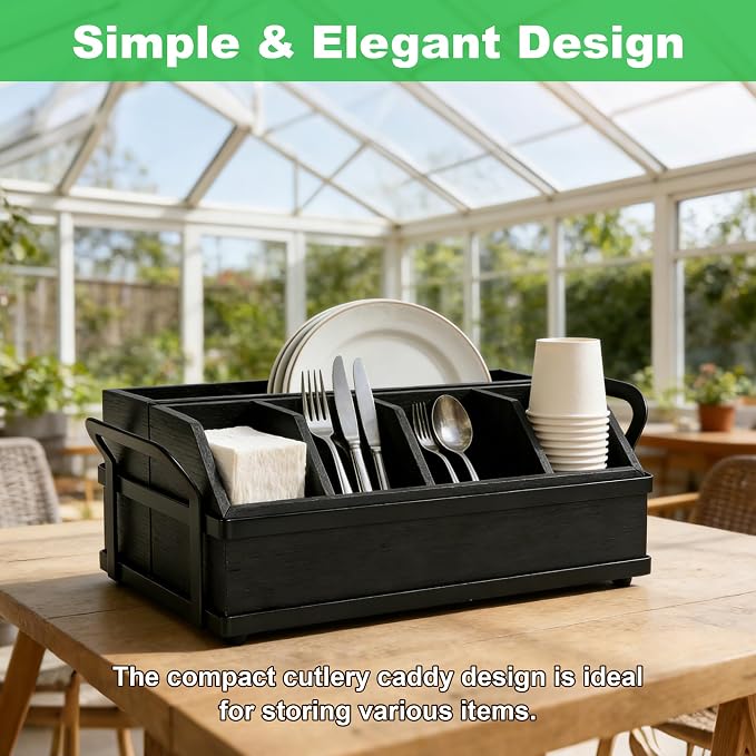 Large Kitchen Utensil Holder Caddy, 6 Compartments Wooden Utensils Organizer for Cooking Utensils, Silverware, Paper Plate, Spoon, Fork, Cutlery Storage on Kitchen Countertop for Party Hosting-Black