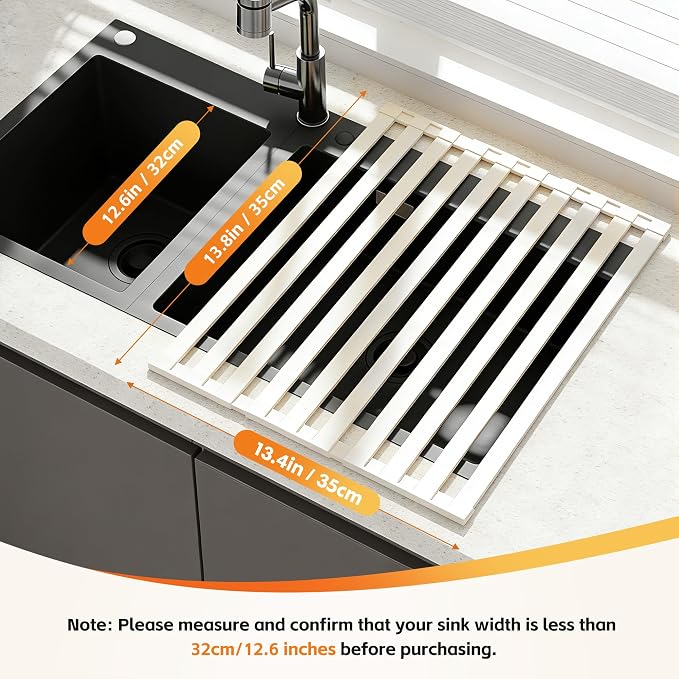 Foldable Over Sink Dish Drying Rack, Extra Wide & Thick Rust-Proof Aluminum Sink Cover for Counter Space, Collapsible Dish Drying Rack Fits Most Kitchen Sinks (White, 13.8“x13.6)