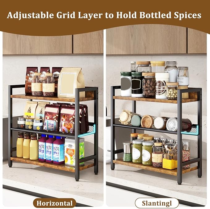 IBUYKE 3-Tier Spice Rack Industrial Counter Shelf Desktop Storage Organizer Standing Seasoning Rack for Countertop Kitchen Office Living Room Desktop Rustic Brown UTLJ021H