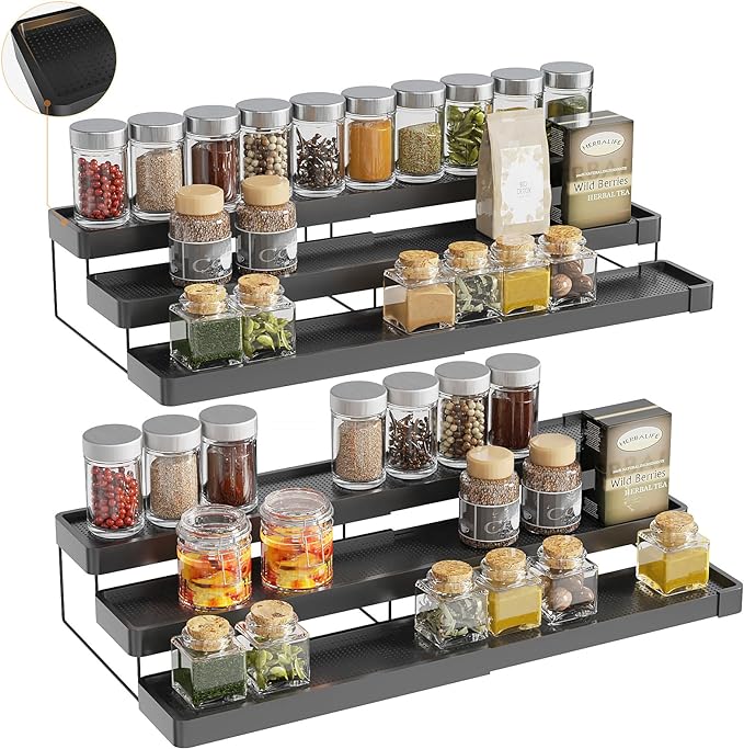 2 Pack Expandable Spice Rack Organizer for Cabinet - 3 Tier Adjustable Cabinet Spice Organizer Easy Visibility - Spice Organizer for Cabinet Countertop Cupboard Pantry Organization (Black)