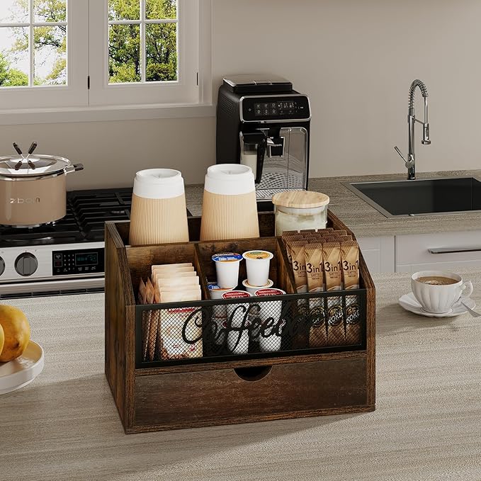 YINMIT Coffee Station Organizer with Drawer for Countertop, Wood Coffee Bar Organizer with Removable Dividers for Pods, Syrup, Cups, Stirrer, Tea, Iron Mesh-Vintage Brown, 2 Tier