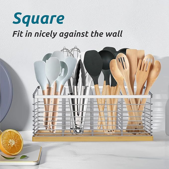 Suli Extra Large Kitchen Utensil Holder with 4 Compartments，Metal holder with Wooden Base for Kitchen Countertop，Farmhouse Cooking Utensil Storage, Rustic Cooking Utensil,Silvery