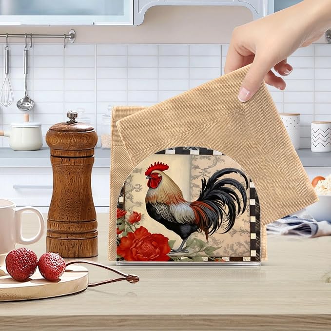 Qilmy Retro Red Rooster Napkin Holder for Table –Napkin Holders for Kitchen, Table Napkin Holders, Cocktail Napkin Holder,Paper Napkins Holder