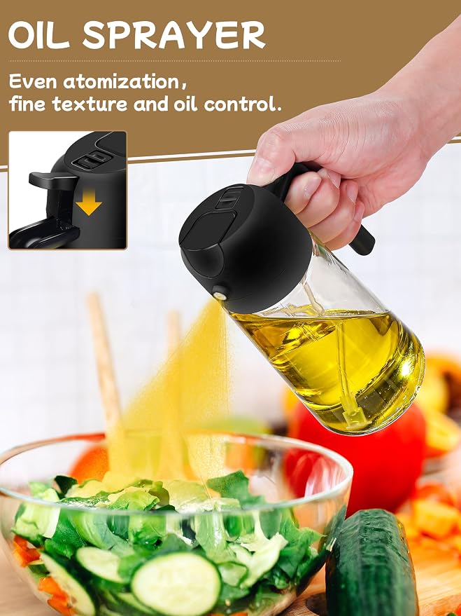 Kitchen Gadgets Oil Sprayer for Cooking 2pcs,Oil Dispenser for Kitchen,2 in 1 Oil Dispenser and Oil Sprayer,16oz Olive Oil Dispenser Bottle for Air Fryer,Salad, Grill (Black KitchenAccessories)