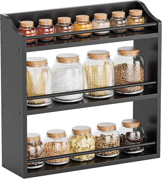 STELLSTAR Bamboo Spice Rack Wall Mount or Tabletop Holder, 3-Tier Shelf for Seasoning Bottles Organizer, Medicine Holder (Black)