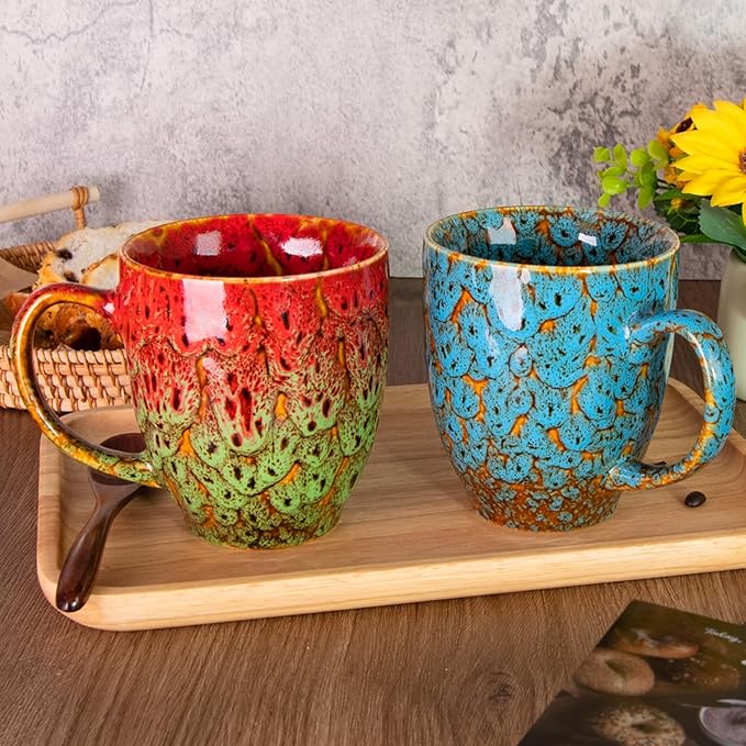 Set of 2 Durable 16 oz Coffee Cups, Large Coffee Mugs with Ergonomic Handle, Ceramic Mugs Dishwasher & Microwave Safe, Ideal Tea Mugs for Home, Office, Gifts (Coffee, Tea, Hot Cocoa, Latte Cup)