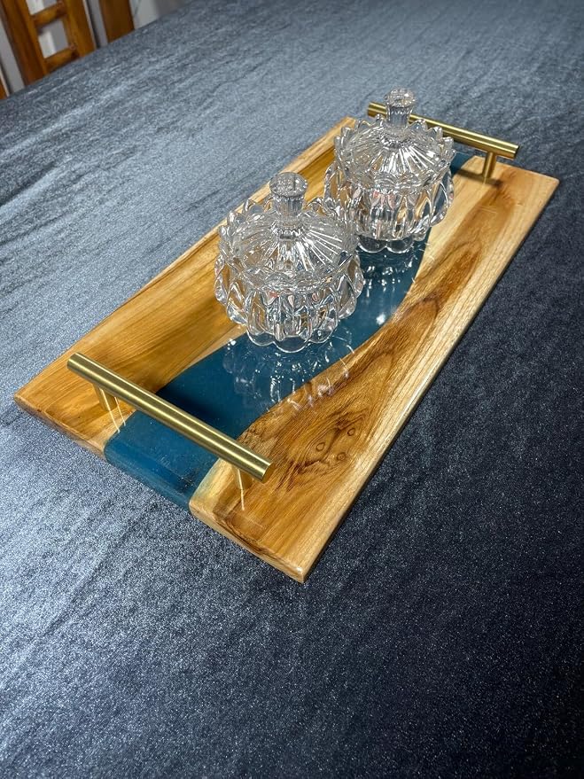 Acacia Wood Epoxy Resin Cheese Tray, Serving Board, Metal Handles - Medium for Coffee Table, Ottoman or Breakfast in Bed Wooden Tray