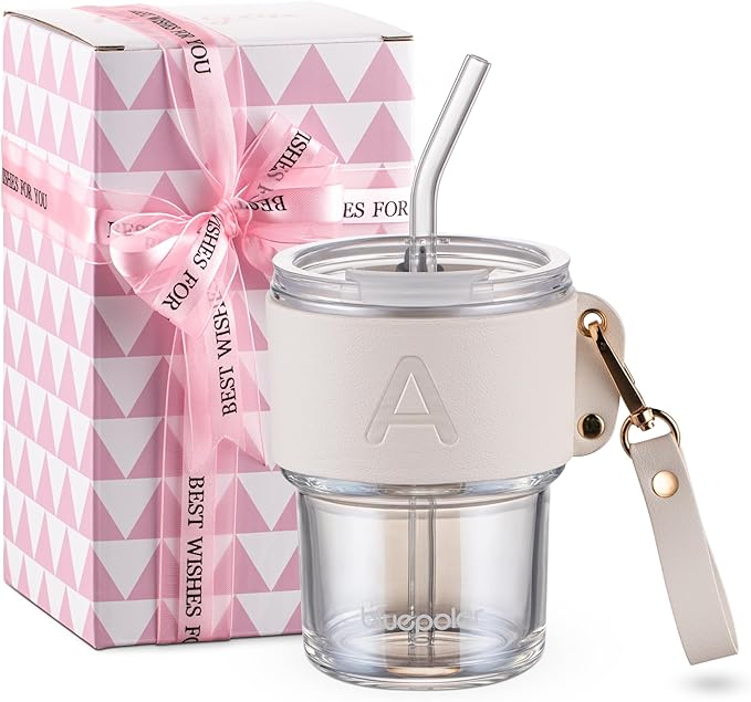 Monogrammed Gifts for Women-Personalized Glass Tumbler with Straw,Custom Iced Coffee Cups with Lids as Wedding Birthday Mothers Day Gift for Her Wife Bride (A)