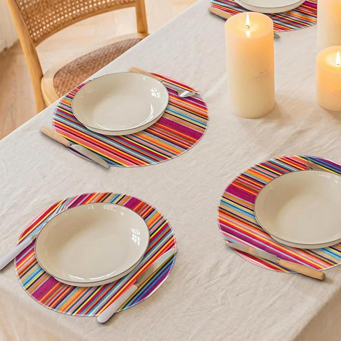 Niviy Bright Colorful Striped Round Placemats Set of 4, 15 Inch Mexican Rainbow Colored Geometric Pattern Table Mats for Holiday Party Kitchen Dining Room Decoration