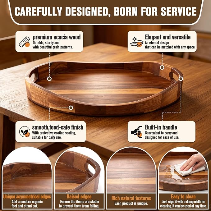 Acacia Wood Serving Tray 17"x13" Oval – Large Ottoman Tray with Handles for Coffee Table Decor, Living Room, Breakfast in Bed, Candle Display – Walnut Finish