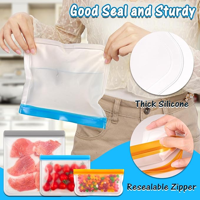 FUNFERY 10 Pack Silicone,Reusable Freezer Bags with Zipper,Leakproof Reusable Silicone Food Storage Bag for Meat,Lunch,Travel-3 Gallon,3 Snack 4 Sandwich Bags