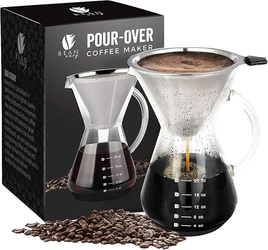 Bean Envy Pour Over Coffee Maker, High-Heat Borosilicate Glass with Reusable Stainless Steel Filter, Glass Coffee Maker (20 Oz)