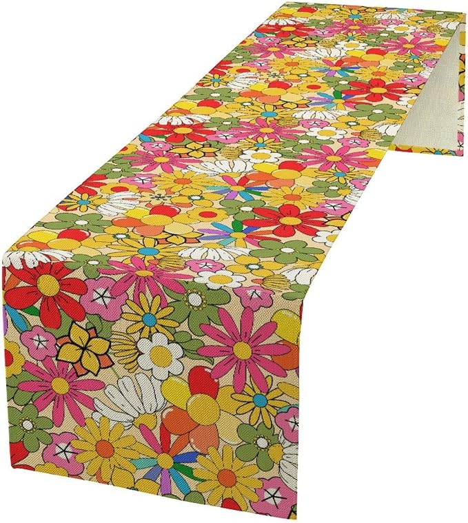 Retro 70s Floral Table Runner,Vintage Hippie Summer Groovy Daisy Flower Dinner Runner for Home Kitchen Dining Table Party Holiday Decor 13x108 in