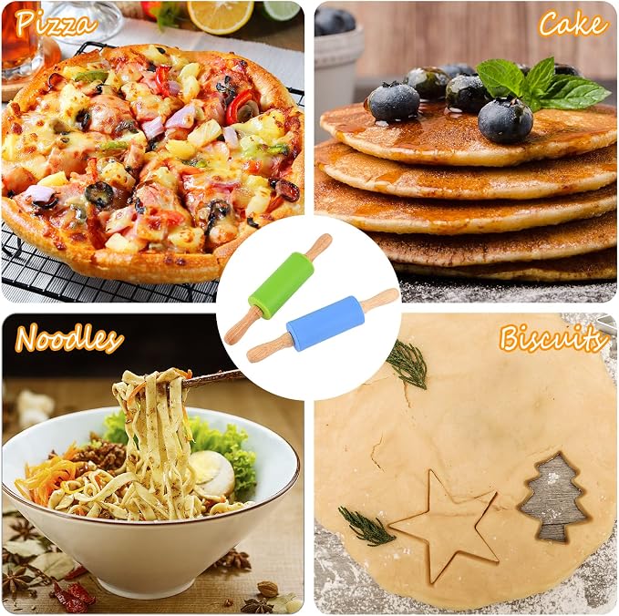 Mini Silicone Rolling Pin for Kids, Non-stick Surface Wood Handle, 9 Inch 2 Pack